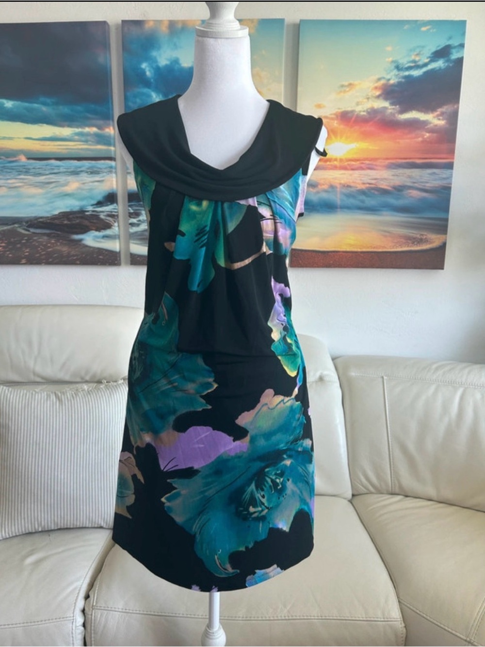 Enfocus Studio Teal, Purple & Black Floral Cowl Neck Dress
